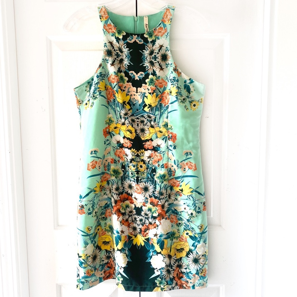 Love Marks Womens Floral Green Sheath Dress XS